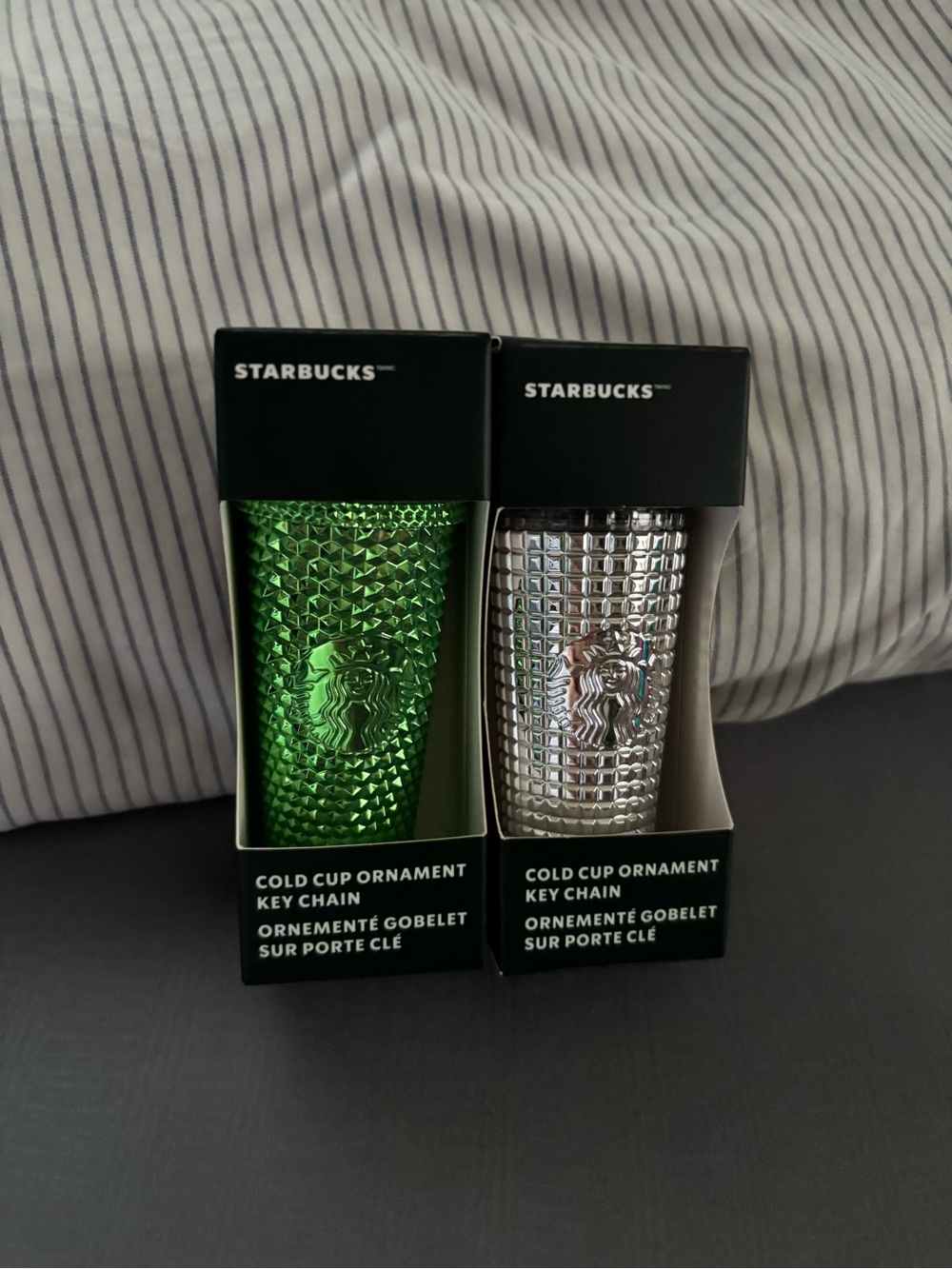 Starbucks Green and Silver Studded Cold Cup Ornament Key Chain Duo